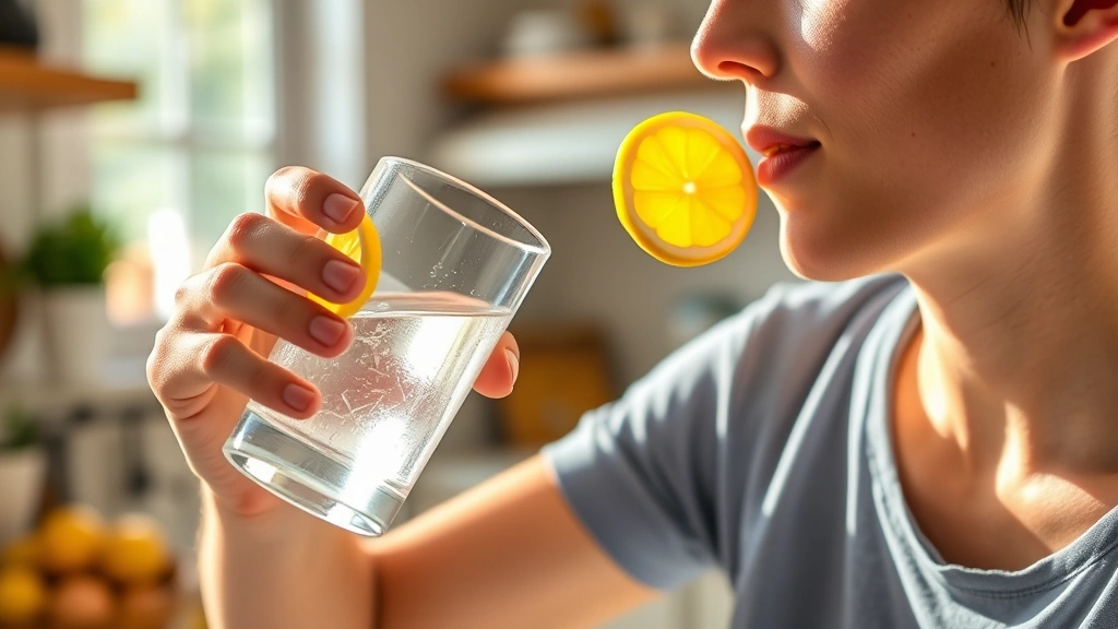 Person drinking water from glass with fresh lemon, sunlit kitchen background, emphasizing hydration and sugar-free beverage choices