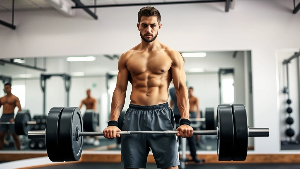 Fit person doing barbell deadlifts in a modern gym with mirrors, proper form emphasized, determined expression, clean minimalist gym environment