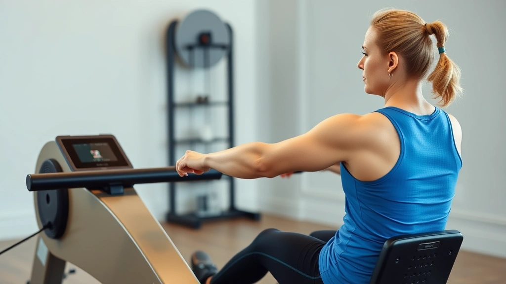 Fit person on rowing machine mid-stroke showing proper form full-body engagement determination intensity