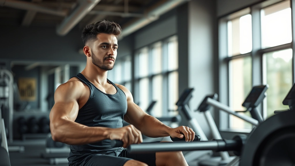Fit person doing rowing machine exercise in modern gym, focused expression, strong physique, natural lighting, health and fitness lifestyle photography, energetic and motivating atmosphere