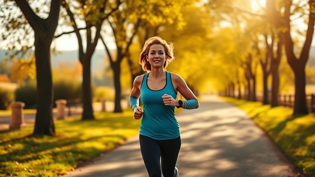 A person jogging outdoors on a sunny morning through a tree-lined park path, wearing athletic clothes, appearing energized and healthy, with natural landscape scenery in background, capturing active lifestyle and wellness