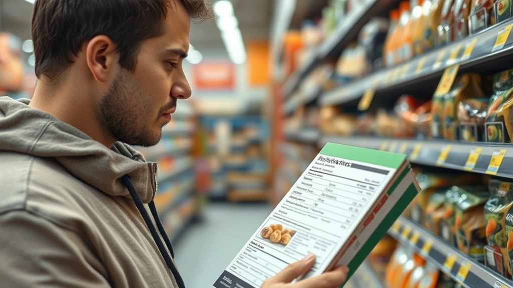 Close-up of grocery shopping, person reading nutrition label on packaged food in supermarket aisle, thoughtful expression examining ingredients