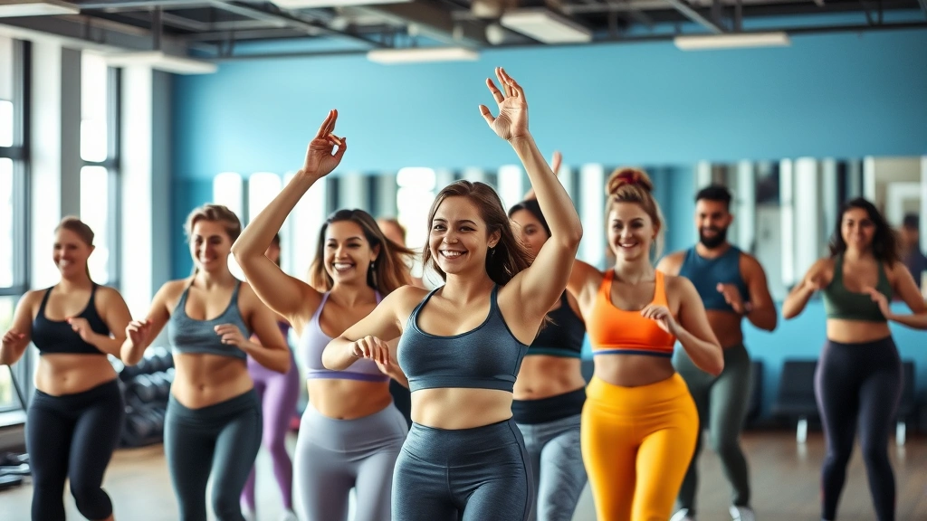 Diverse group of people of various body types doing group fitness class together, smiling, energetic atmosphere, modern gym studio with bright lighting