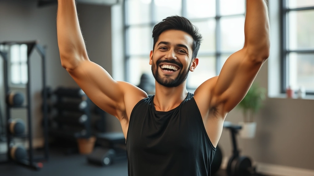 Healthy person celebrating fitness progress smiling confident wellness positive energy indoor gym setting
