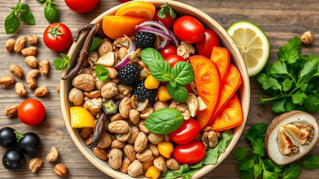 Colorful bowl of fresh vegetables, fruits, nuts, and healthy whole foods arranged beautifully, natural overhead lighting, Mediterranean diet style presentation, nutritious meal preparation scene