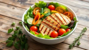 Vibrant garden salad in white bowl with mixed greens, colorful bell peppers, cherry tomatoes, grilled chicken breast, and light vinaigrette on rustic wooden table with fresh herbs nearby, natural daylight, clean professional food photography