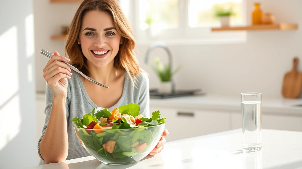 Woman eating fresh salad at bright kitchen counter with glass of water, smiling and satisfied, salad bowl filled with spinach, vegetables, and protein, sunny morning light through window, healthy lifestyle moment