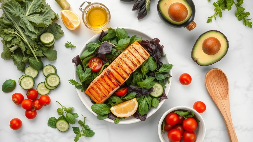 Overhead flat lay of salad ingredients arranged on marble countertop: dark leafy greens, sliced cucumbers, cherry tomatoes, grilled salmon fillet, avocado slices, lemon wedges, olive oil bottle, and wooden serving spoon, professional food styling