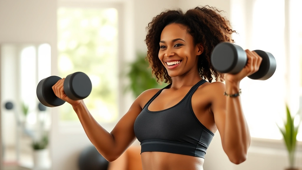 Woman in fitness attire performing compound exercise with dumbbells in bright, modern home gym setting with natural light, smiling with energy and confidence, health-focused atmosphere