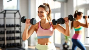 Woman in bright workout clothes doing resistance training with dumbbells in modern home gym, smiling with confidence, natural lighting from windows