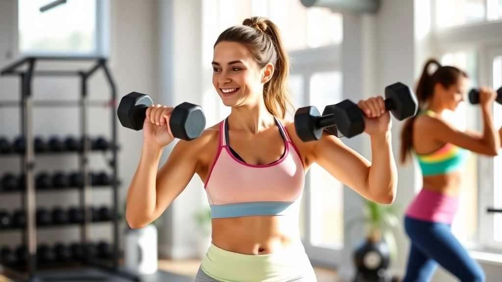 Woman in bright workout clothes doing resistance training with dumbbells in modern home gym, smiling with confidence, natural lighting from windows