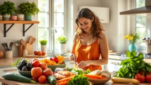 Woman in bright kitchen preparing colorful vegetables and lean proteins, natural sunlight streaming through windows, fresh whole foods on counter, healthy meal preparation scene