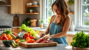 Woman in bright kitchen preparing fresh vegetables and lean proteins on wooden cutting board, natural sunlight streaming through windows, healthy whole foods displayed, realistic lifestyle setting