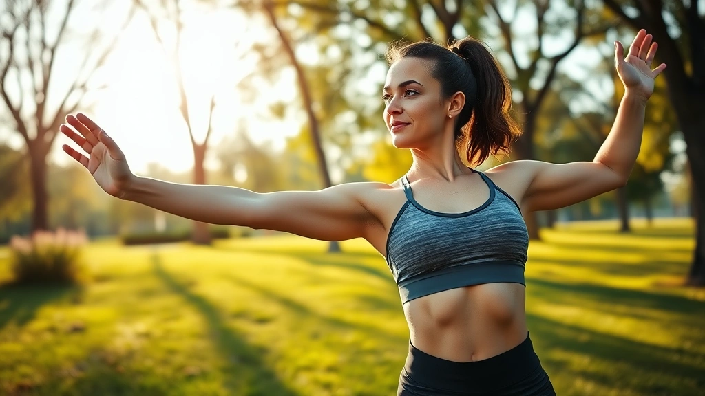 Woman in fitness attire stretching outdoors in morning sunlight, peaceful park setting, demonstrating wellness and healthy lifestyle, photorealistic, natural lighting, calm expression