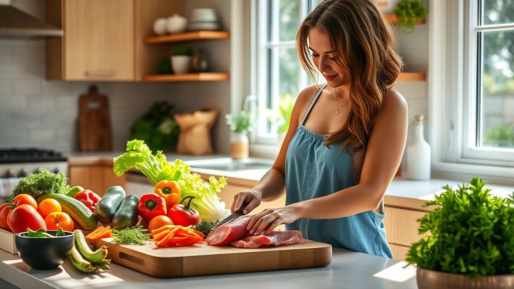 Woman in bright kitchen preparing fresh vegetables and lean proteins on wooden cutting board, natural sunlight streaming through windows, healthy whole foods displayed, realistic lifestyle setting