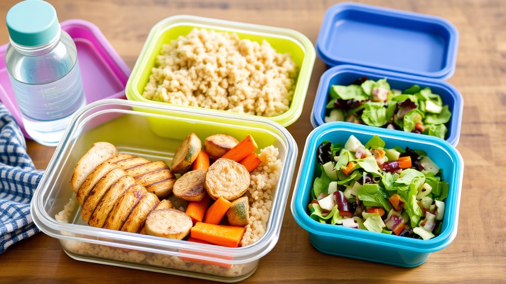 Colorful meal prep containers with grilled chicken breast, roasted vegetables, brown rice, and fresh salad, arranged on wooden table with water bottle nearby