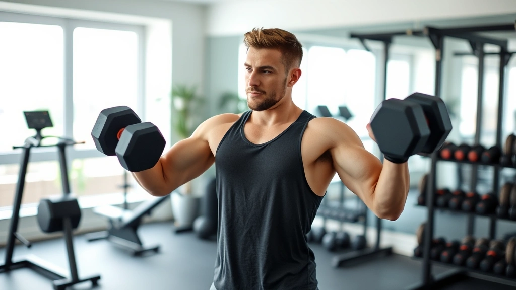 Person doing strength training with dumbbells in modern home gym, focused expression, resistance exercise in progress, wellness-focused fitness environment