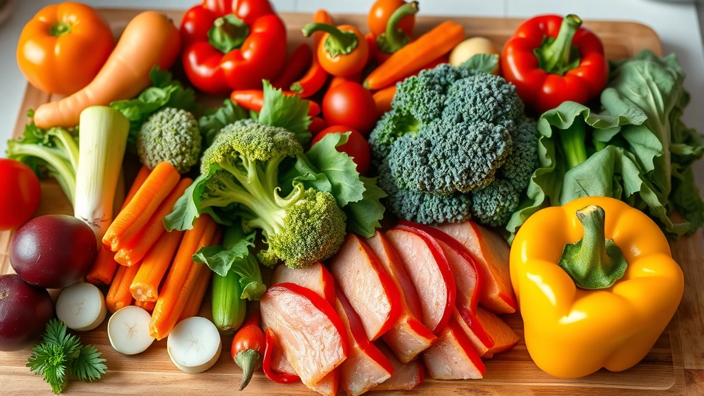 Colorful fresh vegetables and lean proteins arranged on wooden cutting board, meal preparation setup, vibrant produce including broccoli leafy greens bell peppers, natural kitchen lighting