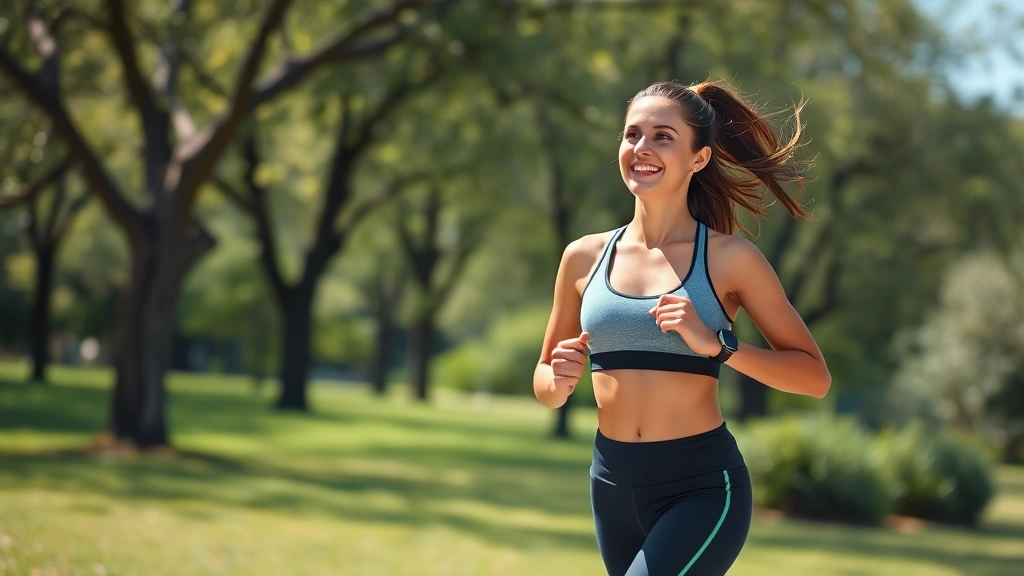 Female exercising outdoors on sunny day, jogging through park with trees and greenery, athletic wear, energetic and positive expression, natural movement and wellness