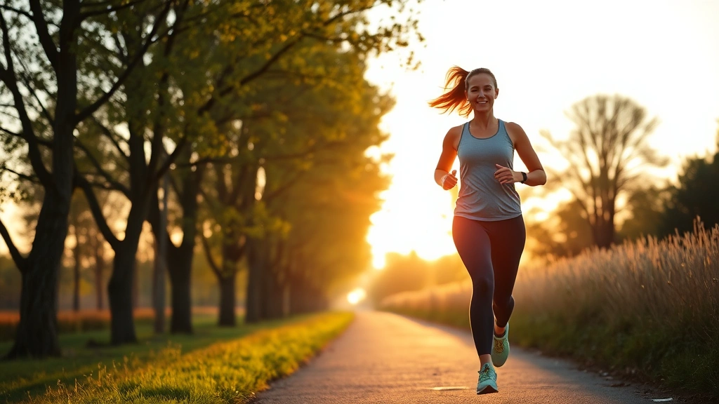 Woman jogging outdoors on tree-lined path during golden hour, wearing comfortable athletic wear, appearing energized and healthy