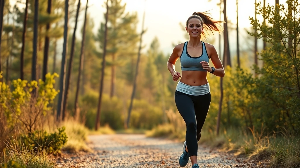 Woman jogging on scenic trail surrounded by trees, athletic build, confident posture, natural outdoor environment, morning or golden hour lighting, health and fitness in action