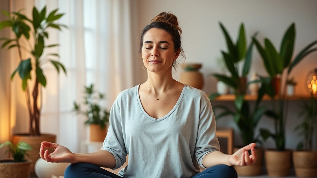 Woman meditating peacefully in comfortable home space with plants, warm lighting, serene expression, demonstrating mental wellness and mindfulness practice