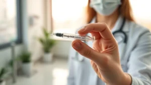 Person holding semaglutide injection pen with modern minimalist clinic background, healthcare professional setting, warm natural lighting, focused on wellness and medical treatment