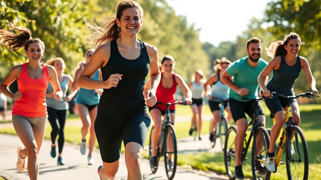 Diverse group of people engaged in outdoor cardio exercise like running and cycling in a park, bright daylight, energetic and healthy atmosphere, representing sustainable fitness alternatives