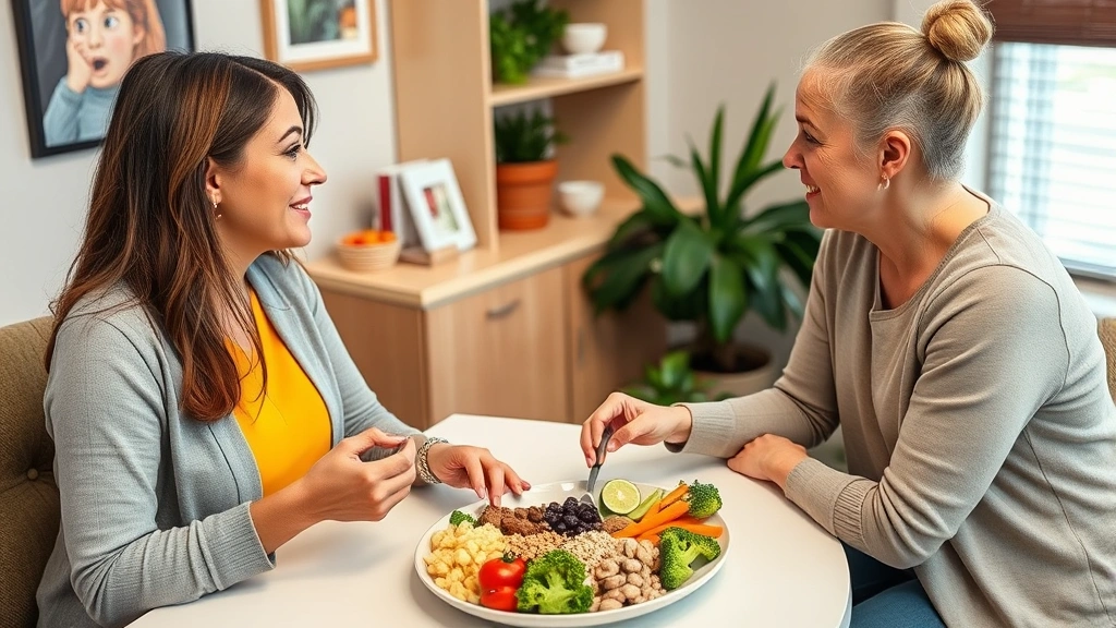 Nutritionist or registered dietitian consulting with patient over healthy meal with vegetables, whole grains and lean protein, welcoming clinical office environment, emphasizing personalized nutrition guidance