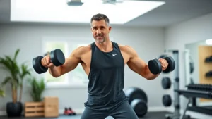 A fit middle-aged man in casual athletic wear doing strength training with dumbbells in a bright home gym, showing muscle definition and confident posture, natural lighting