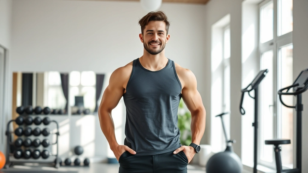 Athletic man in casual fit clothing standing confidently in bright home gym environment with dumbbells and exercise equipment visible, natural sunlight, healthy and energetic appearance
