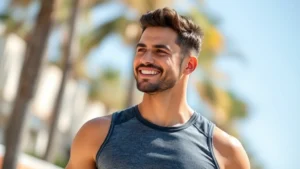 Professional fit man in athletic wear confidently smiling outdoors in natural sunlight, healthy lifestyle concept, no text or numbers visible