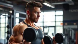 Athletic man in gym doing strength training with dumbbells, focused expression, modern fitness facility background, natural lighting, photorealistic
