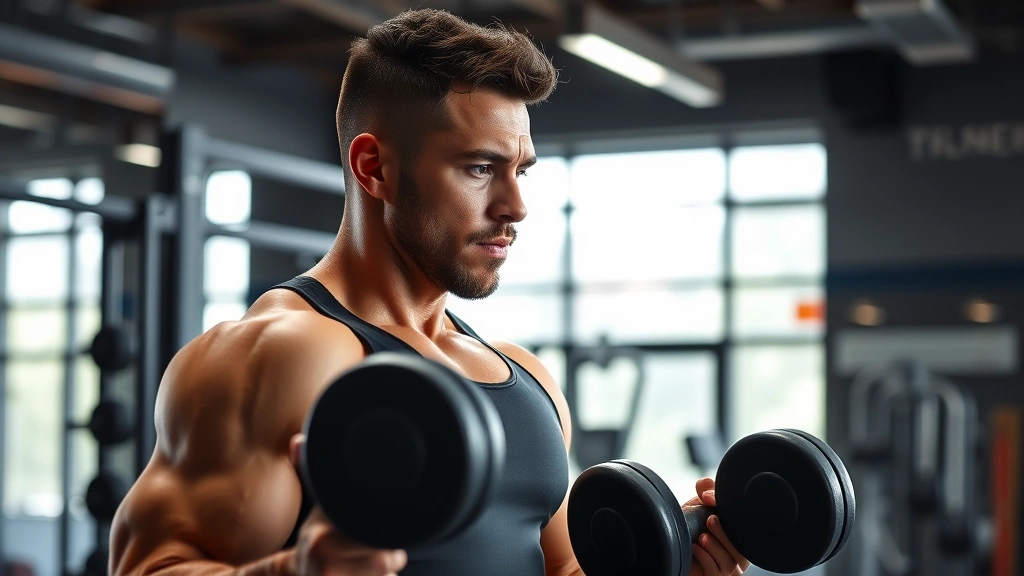 Athletic man in gym doing strength training with dumbbells, focused expression, modern fitness facility background, natural lighting, photorealistic