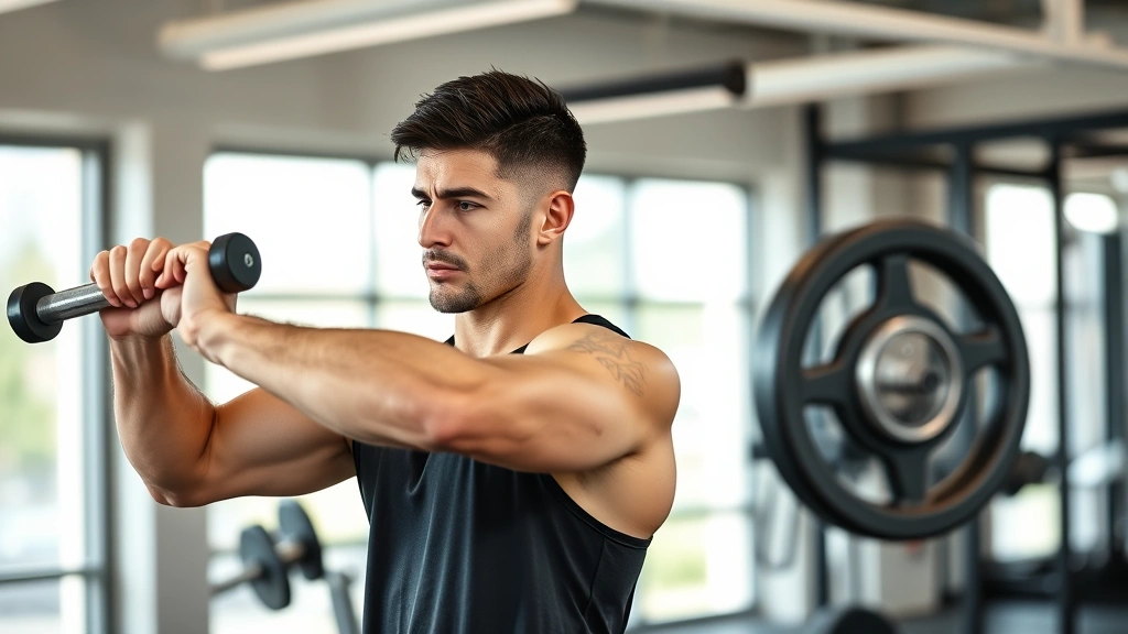 Athletic man in fitness attire performing strength training exercise in modern gym setting with natural lighting, focused expression, demonstrating proper form and dedication to workout routine