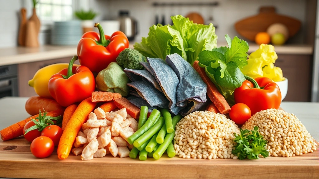 Colorful fresh vegetables, lean proteins, and whole grains arranged on wooden cutting board in modern kitchen, vibrant natural lighting, meal preparation scene without any text or measurements