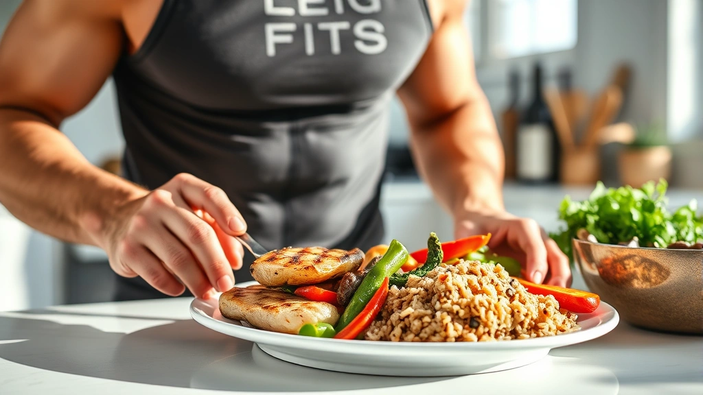 Fit man preparing healthy meal with grilled chicken, colorful vegetables, and brown rice on clean white plate, bright kitchen, natural sunlight