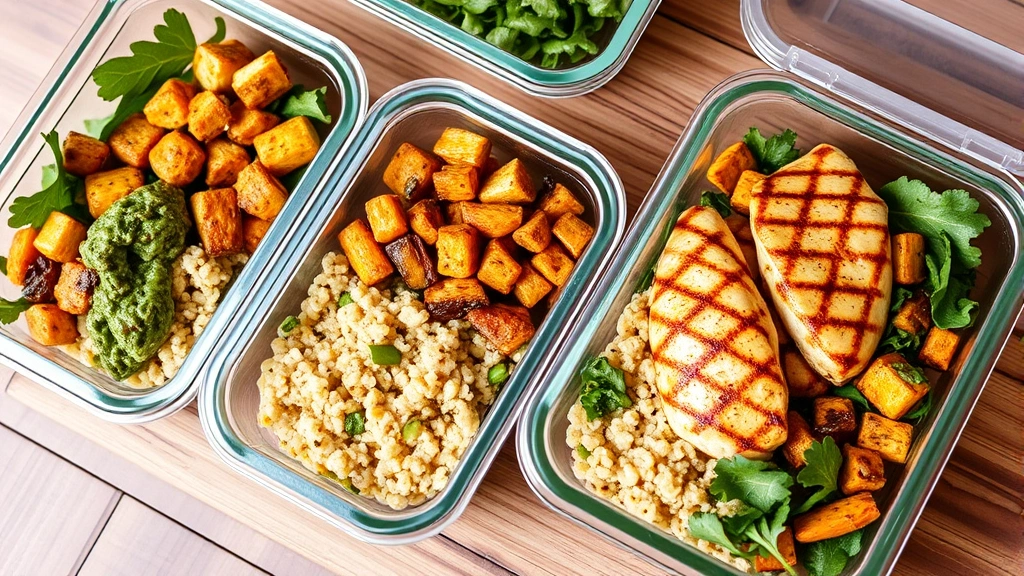 Healthy meal prep containers with grilled chicken breast, quinoa, roasted vegetables and fresh greens, wooden table setting, appetizing presentation, natural daylight