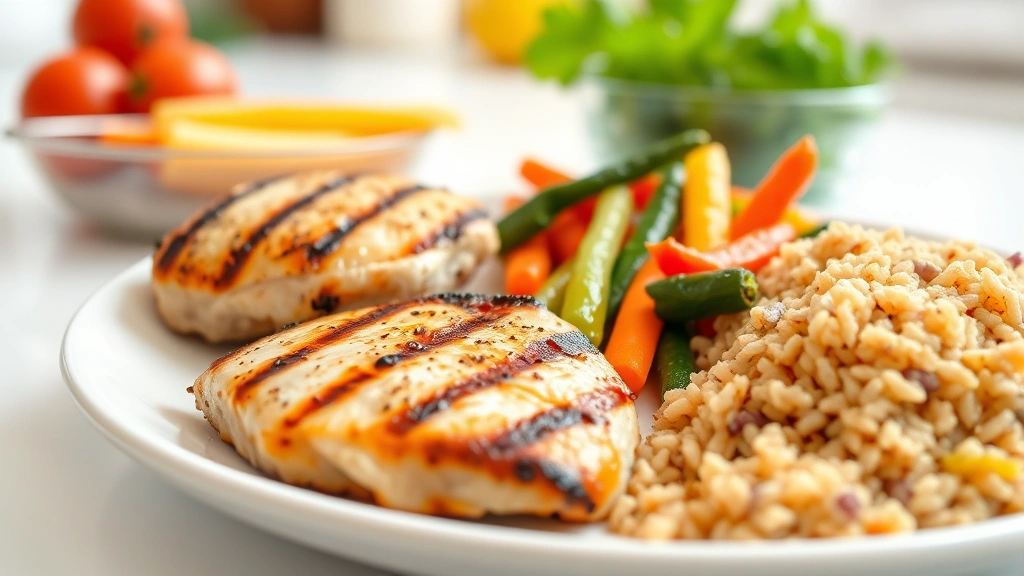 Healthy meal preparation with grilled chicken breast, colorful steamed vegetables, and brown rice on white plate, fresh ingredients visible, bright kitchen background, emphasizing whole food nutrition