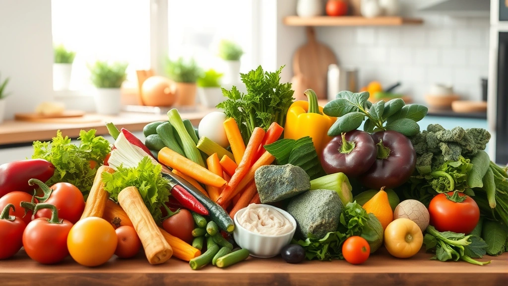 Vibrant colorful fresh vegetables and lean proteins arranged on wooden surface in bright kitchen setting, healthy whole foods preparation, no labels or charts