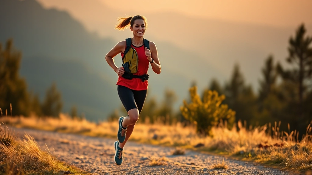 An active person jogging outdoors on a scenic trail at sunrise or sunset, showing endurance exercise and outdoor fitness commitment in natural wellness setting