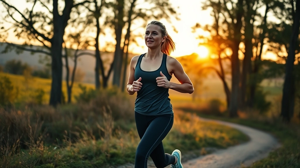 Woman jogging outdoors on scenic trail during golden hour with trees and natural landscape, active and healthy appearance, motion captured mid-stride with determined expression