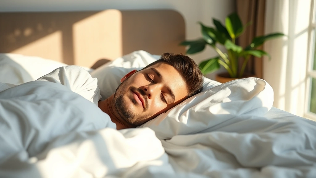 Man sleeping peacefully in comfortable bed with white sheets, serene bedroom environment, peaceful facial expression, morning sunlight through window