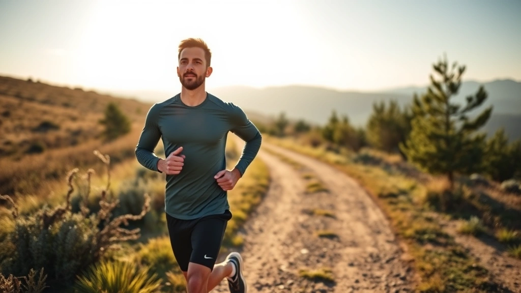 Fit professional man jogging outdoors on scenic trail, morning sunlight, confident posture, healthy lifestyle, nature background, energetic movement captured