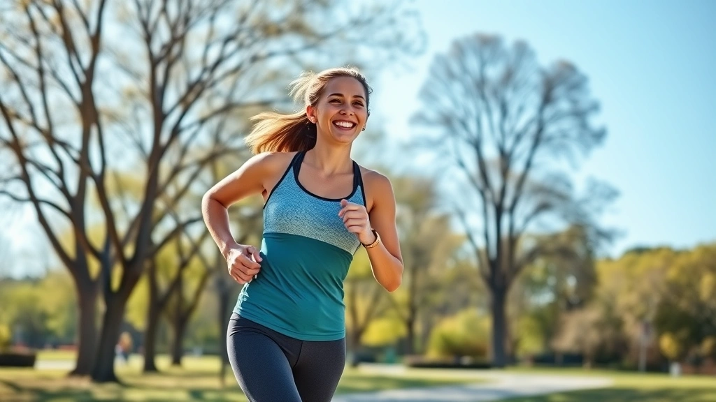 Woman jogging outdoors on sunny day with trees and park setting, wearing athletic wear, smiling expression, demonstrating cardiovascular exercise and healthy lifestyle in natural environment