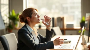 Professional woman in business attire drinking water at morning sunlight-filled office desk, focused and energized expression, natural lighting