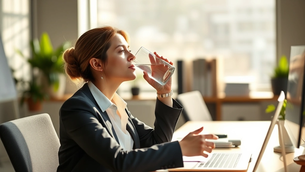 Professional woman in business attire drinking water at morning sunlight-filled office desk, focused and energized expression, natural lighting
