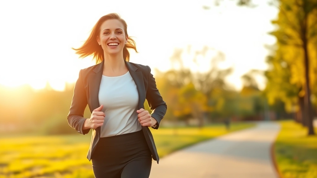 Woman in professional attire jogging outdoors on a sunny morning path, athletic wear, natural smile, vibrant park background, golden hour lighting, health and wellness focus