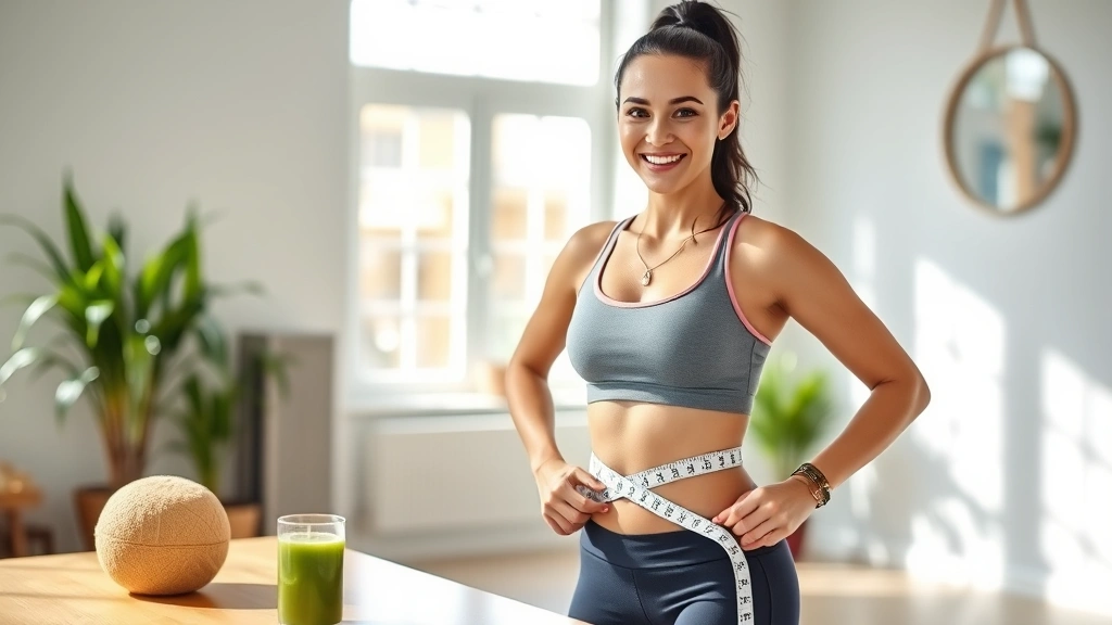 Woman in fitness attire measuring waist with measuring tape, smiling confidently in bright home gym setting with natural light streaming through windows, healthy green smoothie on table nearby