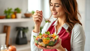 Woman in professional attire enjoying a colorful salad bowl with vegetables and grains, bright kitchen setting, natural window lighting, healthy meal preparation